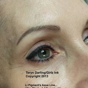 Healed permanent eyeliner one and a half years after application using Li Pigments Ultra Black from the Aqua line by artist Teryn Darling of Girlz Ink, showing strong color retention and crisp healed results.
