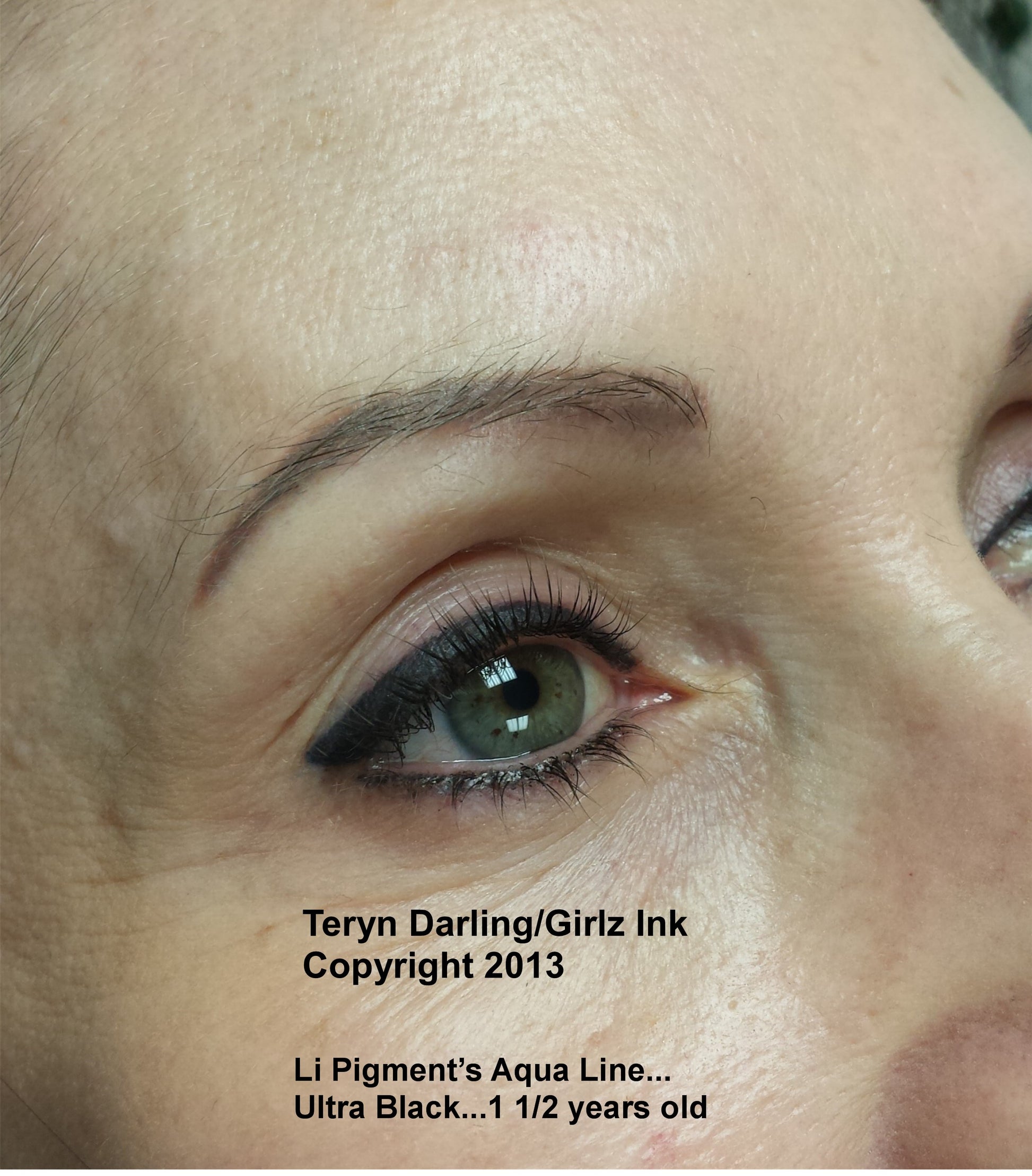 Healed permanent eyeliner one and a half years after application using Li Pigments Ultra Black from the Aqua line by artist Teryn Darling of Girlz Ink, showing strong color retention and crisp healed results.