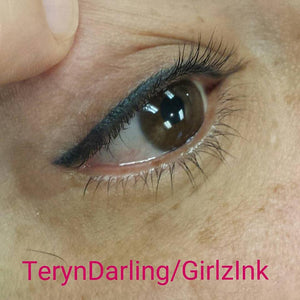 Healed permanent eyeliner one year and two months after application using Li Pigments Ultra Black by artist Teryn Darling of Girlz Ink, showing precise definition and smooth healed color retention.