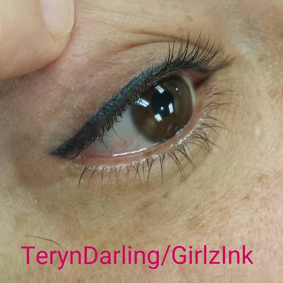 Healed permanent eyeliner one year and two months after application using Li Pigments Ultra Black by artist Teryn Darling of Girlz Ink, showing precise definition and smooth healed color retention.