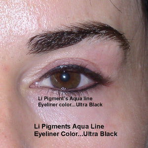 Close-up of healed permanent eyeliner after the first session using Li Pigments Ultra Black from the Aqua Line, showing smooth application and rich color along the lash line.