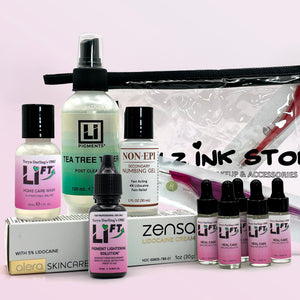 Li-FT Starter Bundle including pigment lightening solution, home care wash, heal care bottles, tea tree post-care cleanser, numbing products, and PMU accessories displayed against a pink background.