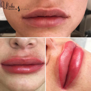 Lip blush results using 85% Hawaiian Punch and 15% Blue Gone to neutralize cool undertones