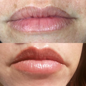 Healed lip blush using Aqua Pink with three drops of Neon Orange Mod by artist Caroline De Jonge.