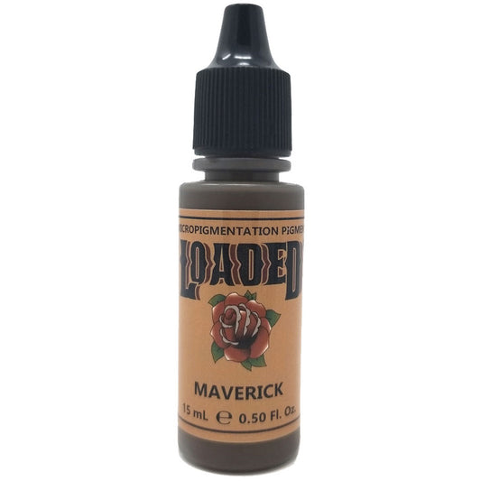 Bottle of Loaded Maverick eyebrow pigment, a rich brown with slight coolness for balanced healed results.
