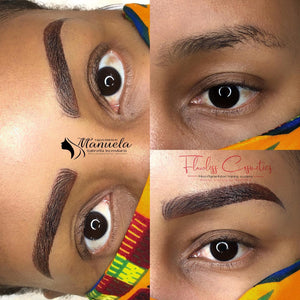 PMU brows on deep skin tone using Loaded pigment Mustang by Manuela from Flawless Cosmetics.