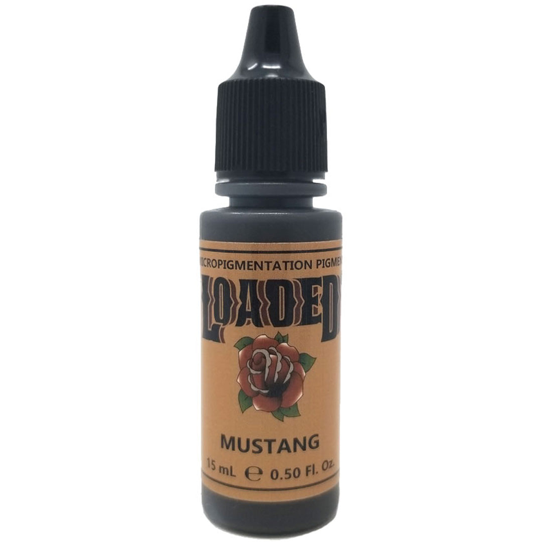 Loaded pigment bottle labeled Mustang for micropigmentation procedures.
