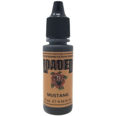 Loaded pigment bottle labeled Mustang for micropigmentation procedures.
