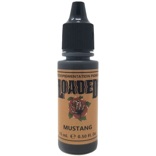 Loaded pigment bottle labeled Mustang for micropigmentation procedures.
