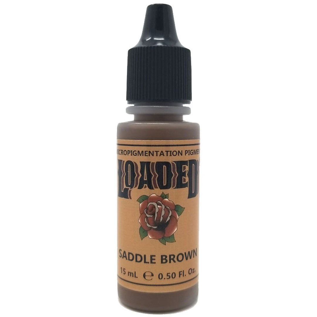 Bottle of Loaded Saddle Brown pigment, a versatile medium brown for eyebrow procedures.