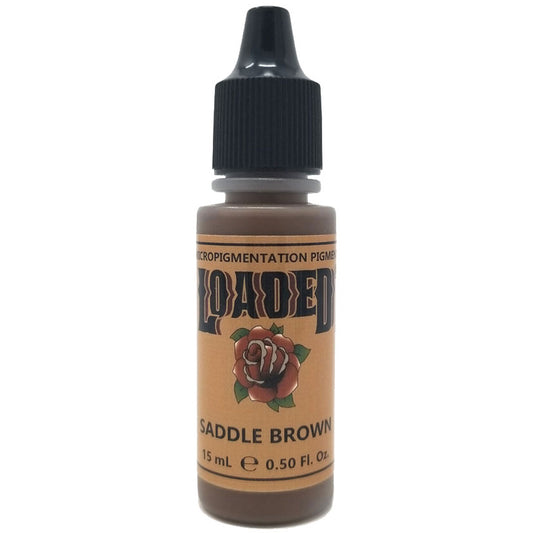 Bottle of Loaded Saddle Brown pigment, a versatile medium brown for eyebrow procedures.