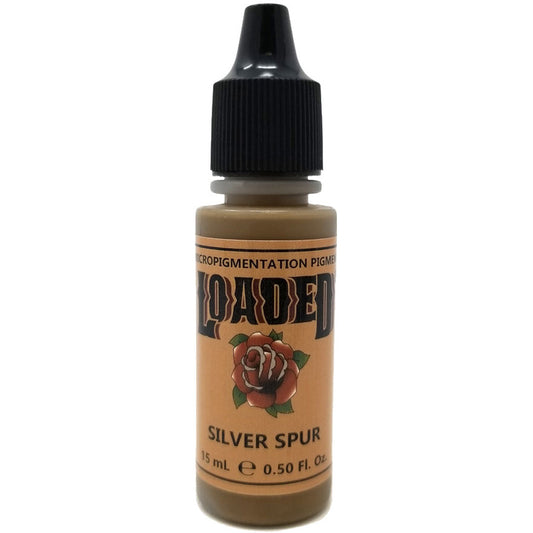 Bottle of Loaded Silver Spur by LI Pigments—cool medium brown pigment sold at Girlz Ink for permanent makeup artists.