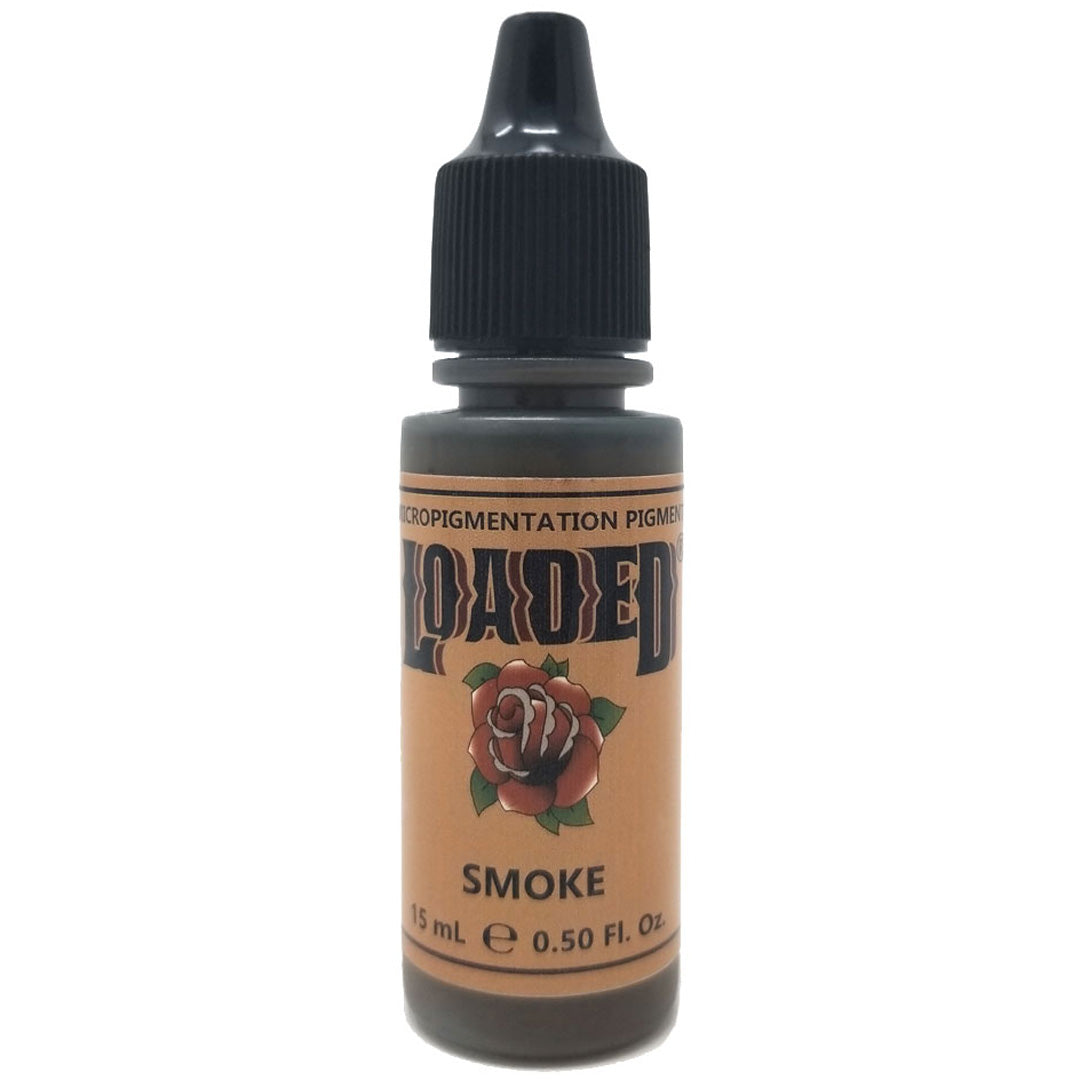 Bottle of Loaded Pigment in the shade Smoke, a deep cool-toned black pigment ideal for PMU eyeliner.