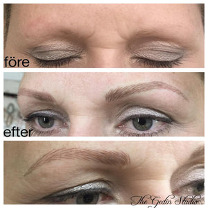 Microbladed brow results with Crème Latte pigment by Ulrika Gedin, showing natural warm tones.