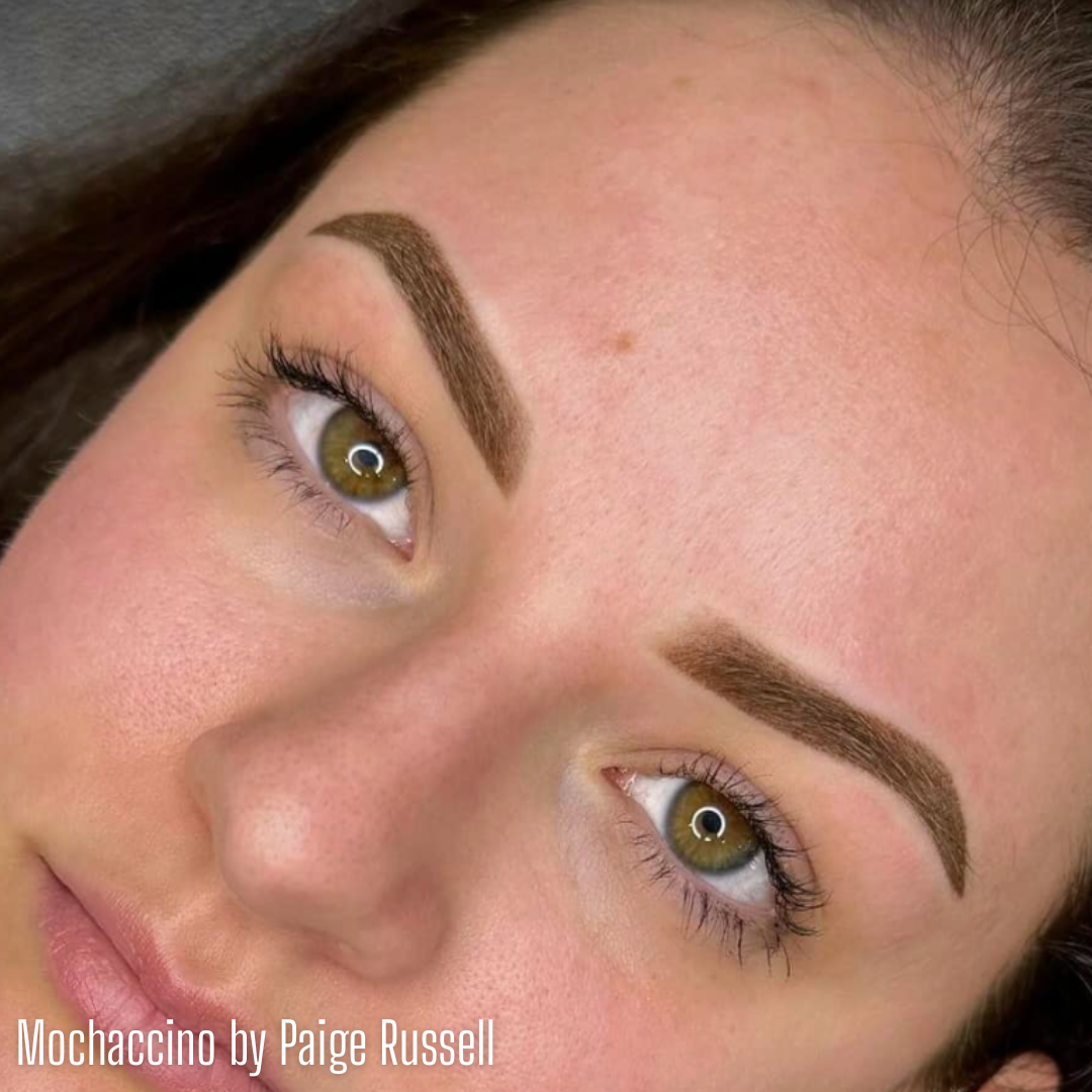 Healed powder brows using a neutral mochaccino PMU pigment on Fitzpatrick 2–3, created with machine shading for a soft natural finish
