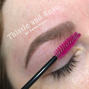 Healed microbladed brow by Emma Rose using Aqua Mochaccino mixed with 15% Gray Vanish, featuring a warm taupe finish.