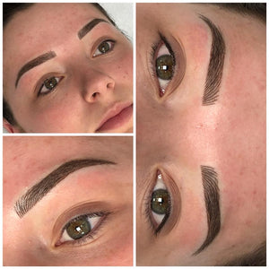 Fresh hairstroke brows created using Mochaccino with drops of Gray Vanish and Non Violet by Lisa McPherson.