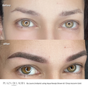 Healed brows using Aqua Navajo Brown with 1 drop Autumn Gold by Laura Lindqvist, before and after results.

