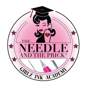 The Needle & The Prick Girlz Ink Academy logo with stylized woman and tattoo tools