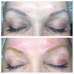 Before and after correction of ashy gray brows using Aqua Non Violet and Gray Vanish pigments by Crystal Erickson.
