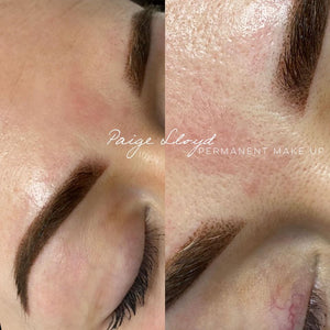 Before and after healed ombré brows showing pigment retention before touch-up, done by Paige Lloyd.