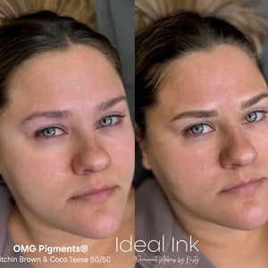 Side-by-side healed brow results using a 50/50 mix of OMG® Bitchin Brown and Coco Teese pigments by Teryn Darling, showcasing natural color retention and balanced tone from Ideal Ink.
