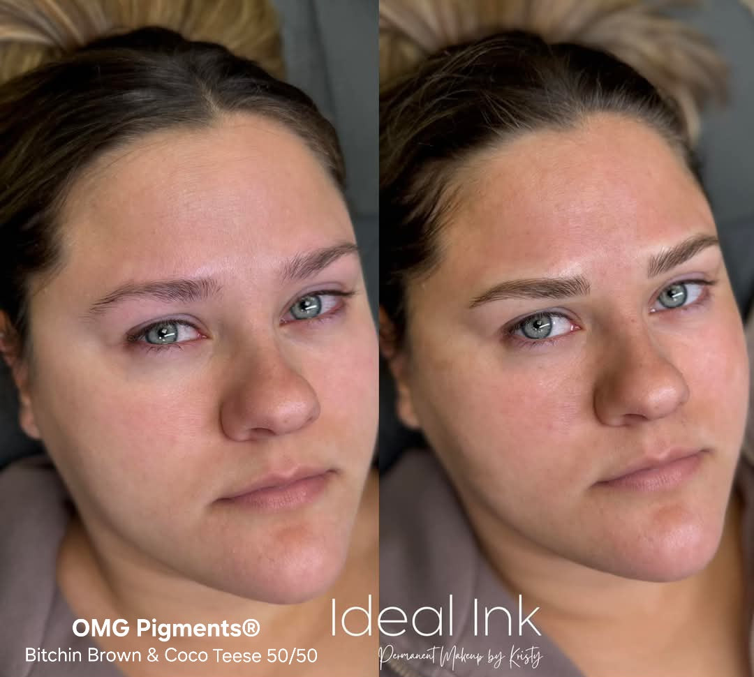 Side-by-side healed brow results using a 50/50 mix of OMG® Bitchin Brown and Coco Teese pigments by Teryn Darling, showcasing natural color retention and balanced tone from Ideal Ink.