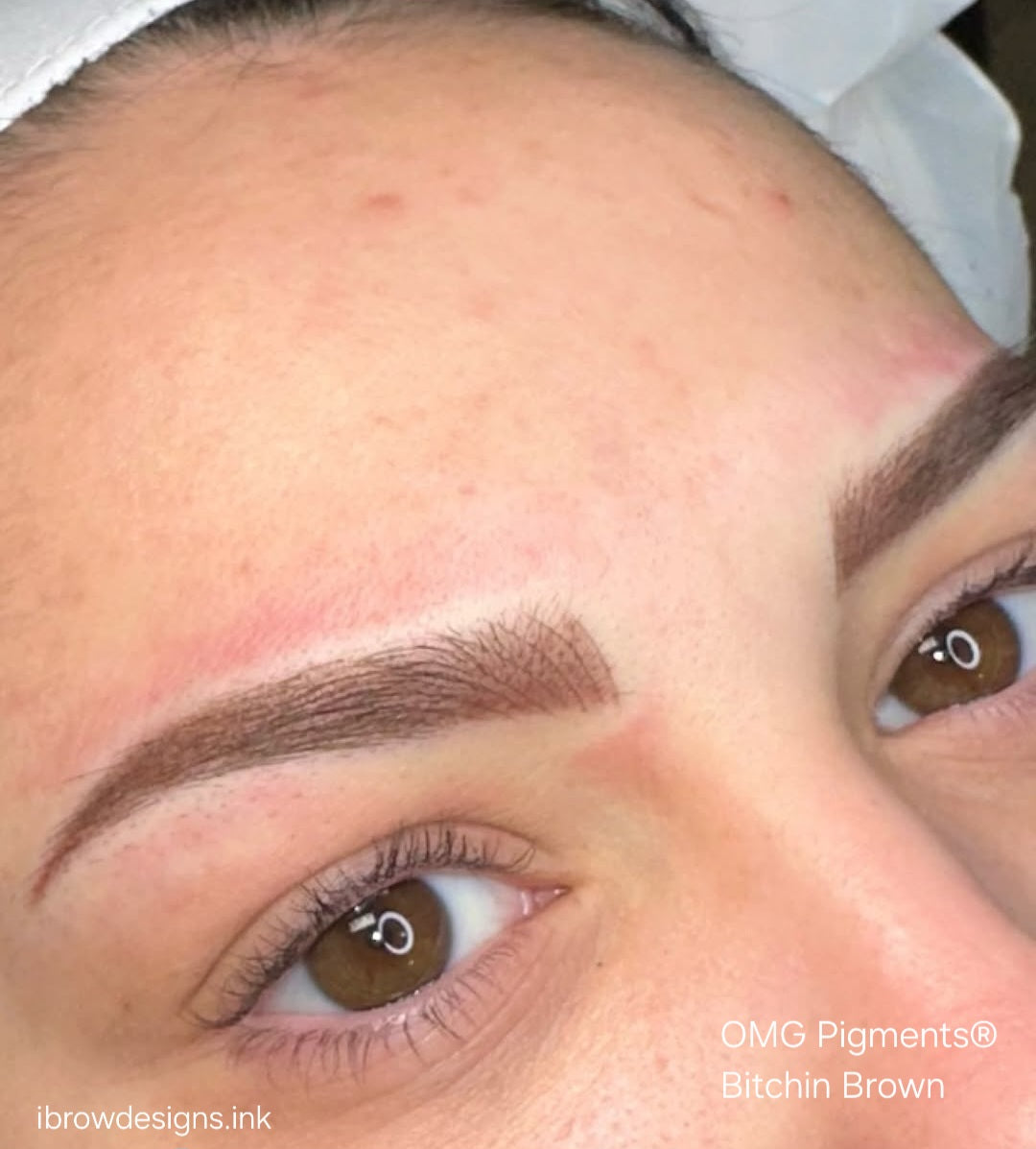 Close-up of freshly microbladed brows using OMG® Pigments Bitchin Brown by iBrowDesigns.Ink. The image shows crisp, defined strokes and soft brown color suitable for healed PMU brow results.