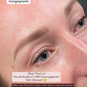 Freshly tattooed brows using OMG® Pigments Bitchin Brown by Leili PMU. The close-up shows soft brown hairstrokes and glowing skin with client feedback text praising the pigment and artist’s results.