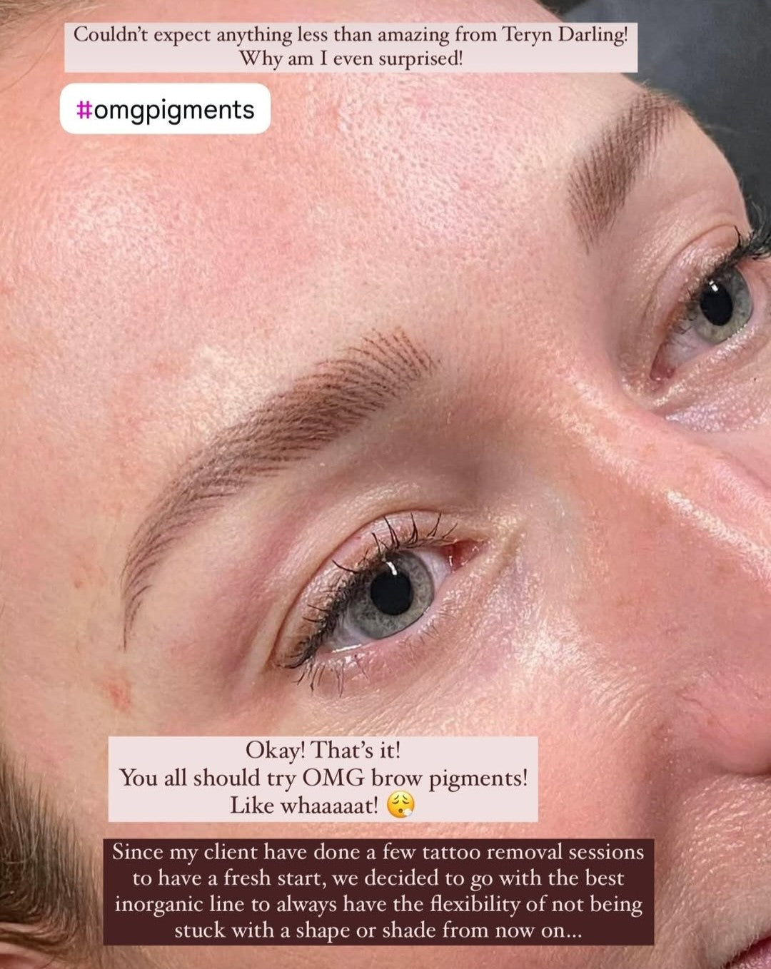 Freshly tattooed brows using OMG® Pigments Bitchin Brown by Leili PMU. The close-up shows soft brown hairstrokes and glowing skin with client feedback text praising the pigment and artist’s results.