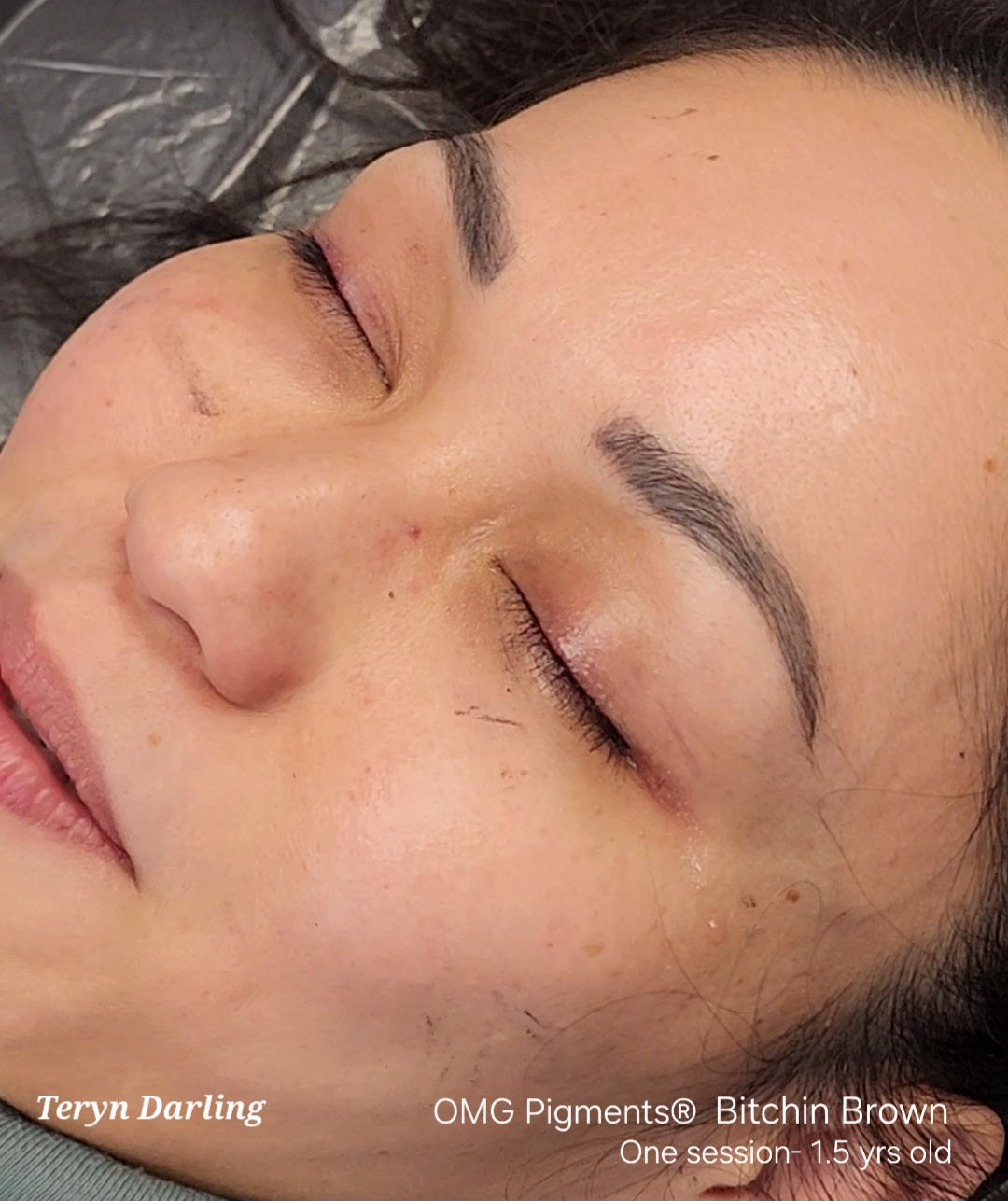 Healed brow tattoo results 1.5 years after one session using OMG® Pigments Bitchin Brown by Teryn Darling. The photo shows smooth color retention and natural brow definition on healed skin.
