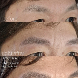 Before, after, and healed results of a brow transformation using OMG® Pigments Bitchin Brown by Emily Chun. The image shows natural, even color retention and soft healed results through all stages.