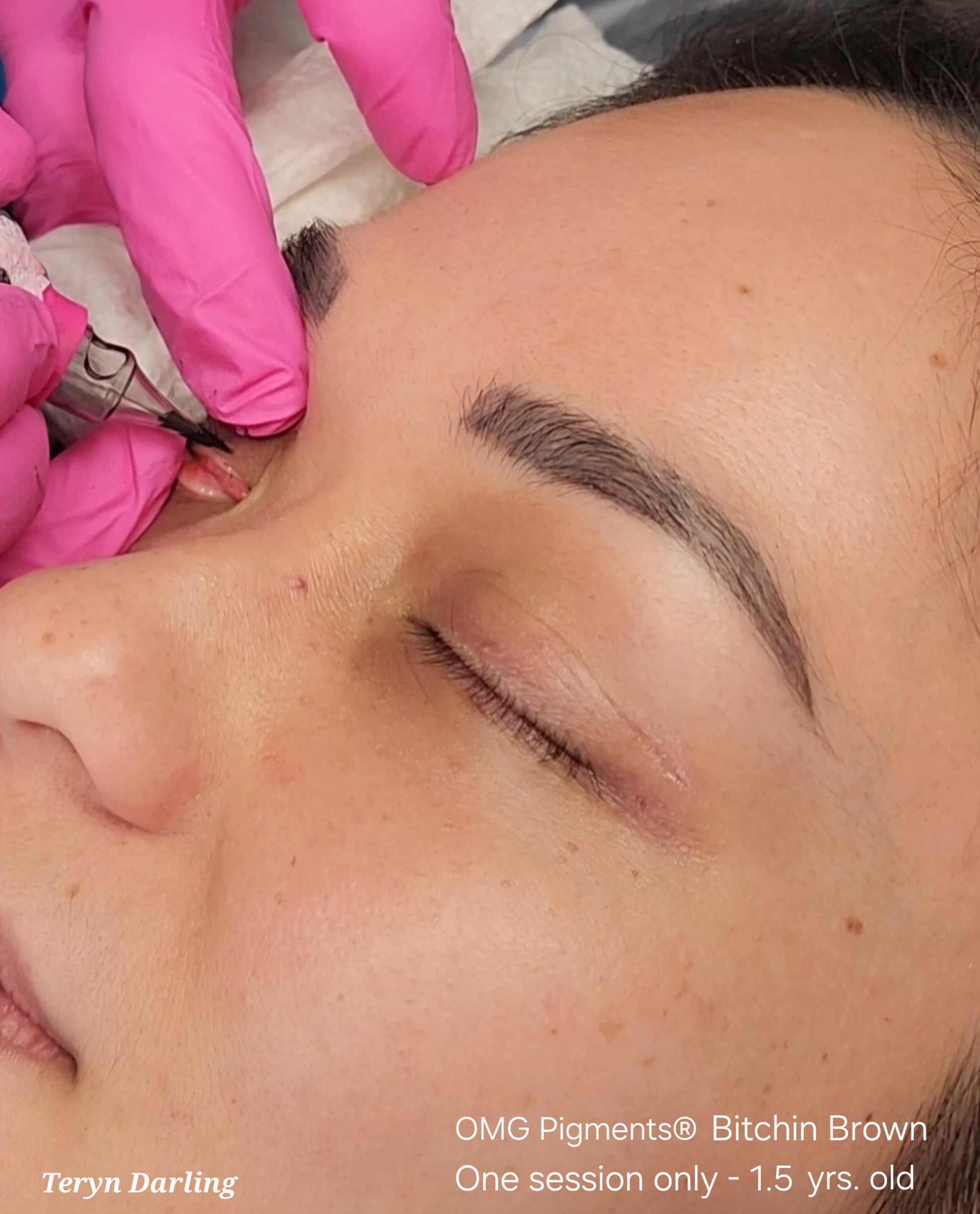 Close-up of a healed brow tattoo created with OMG® Pigments Bitchin Brown by Teryn Darling. The photo shows soft, even color retention after one session, 1.5 years healed. Artist wearing pink gloves is seen perfecting the brow shape.