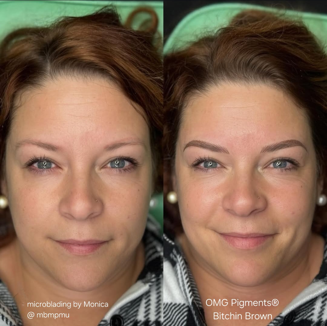 Before and after comparison showing microblading results using OMG® Pigments Bitchin Brown by Monica (@mbmpmu). The image highlights natural-looking brow definition, symmetry, and enhanced color.