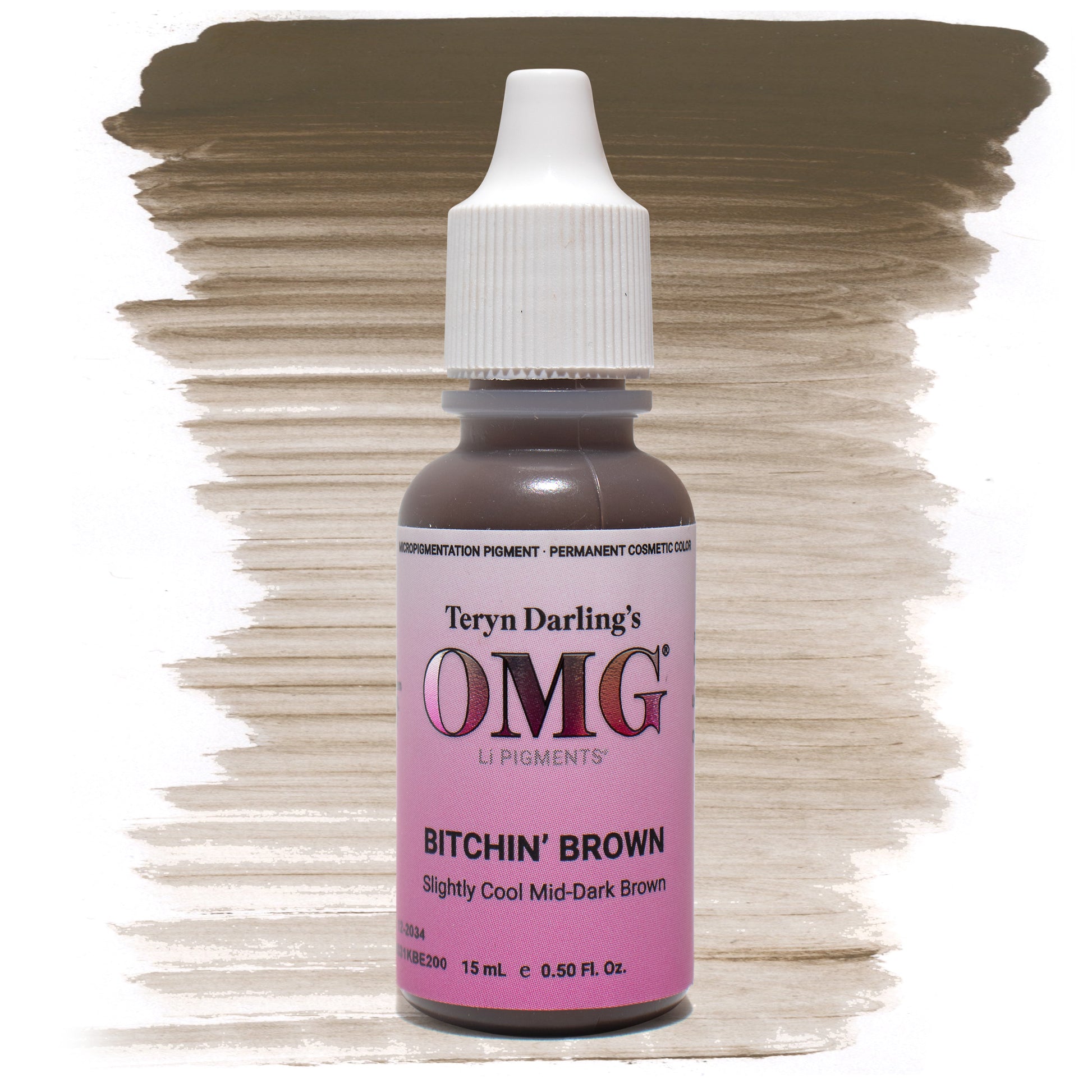 Bottle of OMG Pigments Bitchin’ Brown by Teryn Darling with a brown color swatch on a white background. Slightly cool mid-dark brown pigment for permanent makeup and brows.