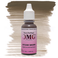 Bottle of OMG Pigments Bitchin’ Brown by Teryn Darling with a brown color swatch on a white background. Slightly cool mid-dark brown pigment for permanent makeup and brows.
