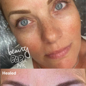 Before and after photo showing fresh and healed brows using OMG® Pigments in a custom mix of Bitchin Brown and Vixen by Teryn Darling. Fresh results appear bold and defined, while healed results show soft, natural tones by artist Gina Kulu Vimahi of Beauty Babe Ink.