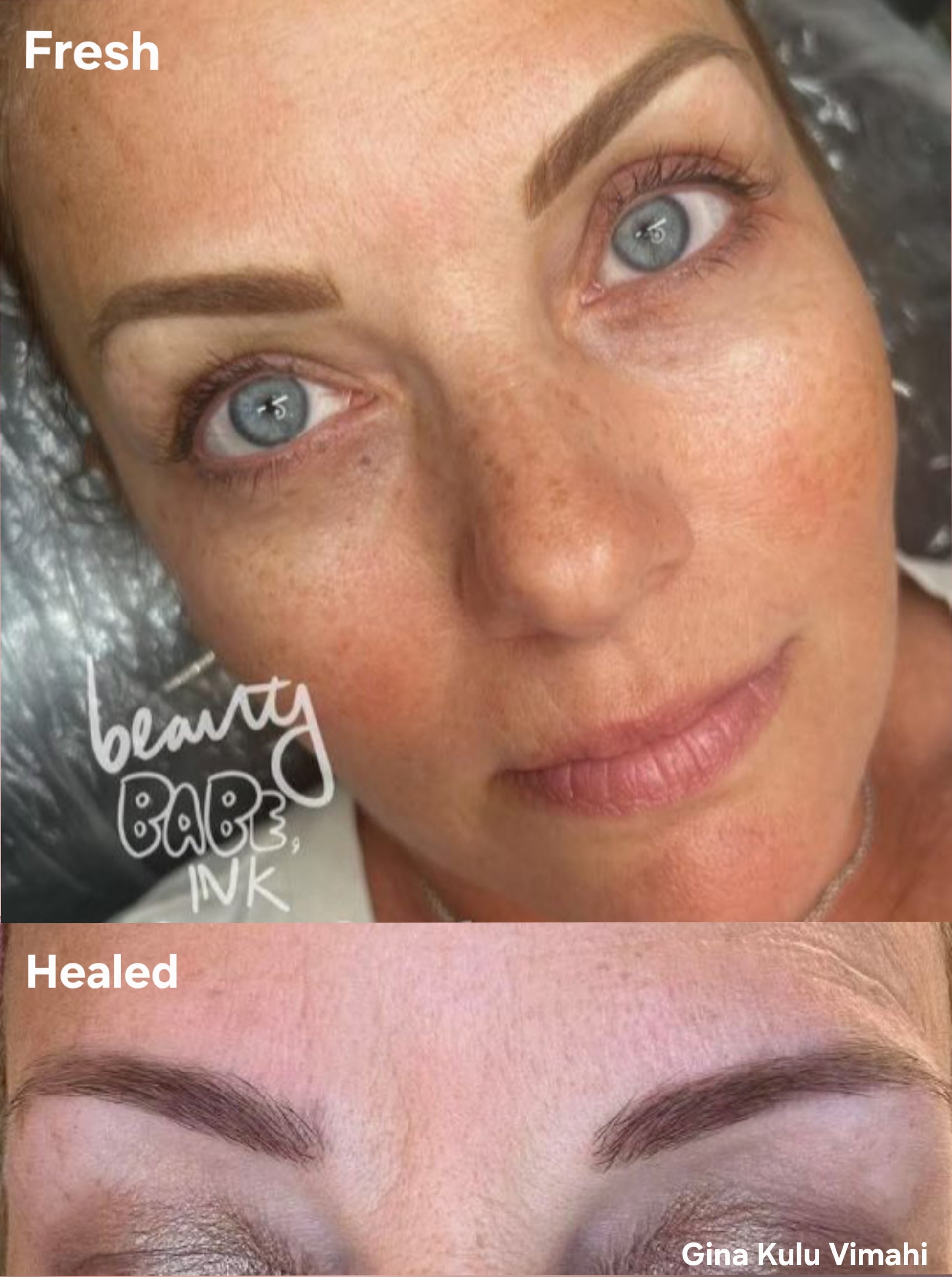 Before and after photo showing fresh and healed brows using OMG® Pigments in a custom mix of Bitchin Brown and Vixen by Teryn Darling. Fresh results appear bold and defined, while healed results show soft, natural tones by artist Gina Kulu Vimahi of Beauty Babe Ink.