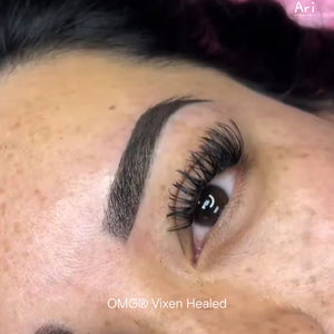 Before and after photo showing fresh and healed brows using OMG® Pigments in a custom mix of Bitchin Brown and Vixen by Teryn Darling. Fresh results appear bold and defined, while healed results show soft, natural tones by artist Gina Kulu Vimahi of Beauty Babe Ink.