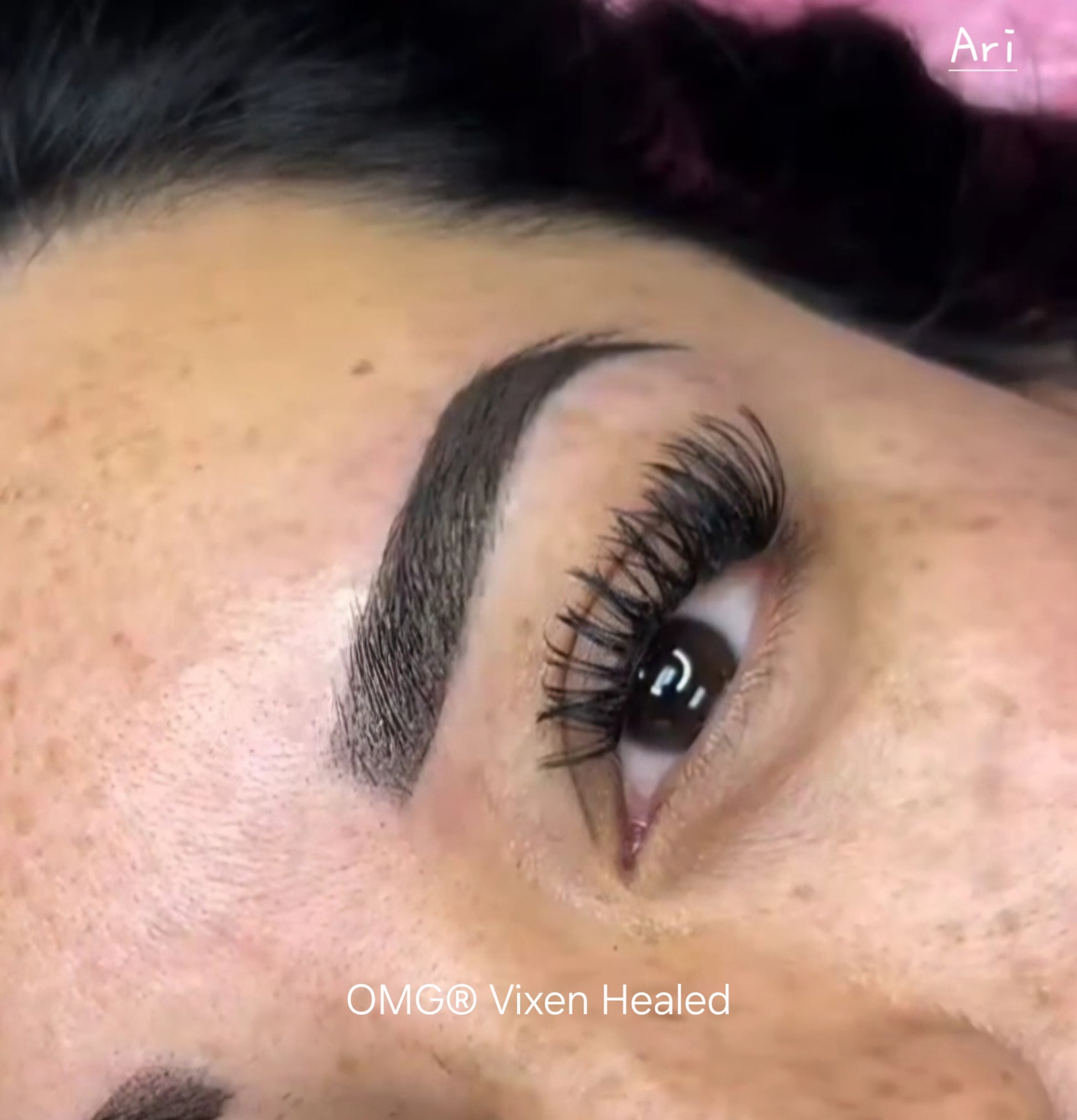 Before and after photo showing fresh and healed brows using OMG® Pigments in a custom mix of Bitchin Brown and Vixen by Teryn Darling. Fresh results appear bold and defined, while healed results show soft, natural tones by artist Gina Kulu Vimahi of Beauty Babe Ink.