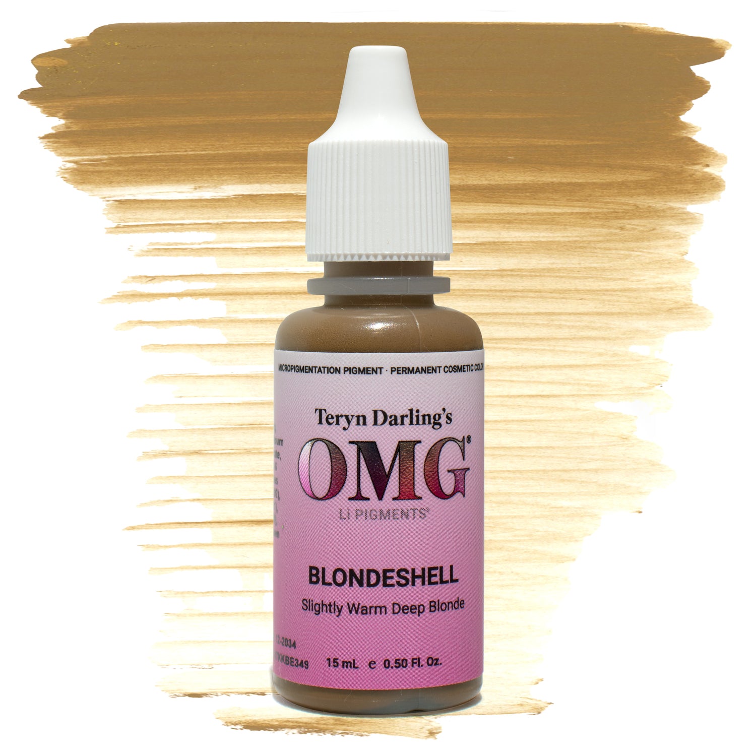 Bottle of OMG Pigments Blondeshell by Teryn Darling with a golden-beige swatch background. Slightly warm deep blonde permanent makeup pigment for soft, natural brow tones.