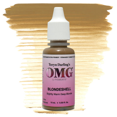 Bottle of OMG Pigments Blondeshell by Teryn Darling with a golden-beige swatch background. Slightly warm deep blonde permanent makeup pigment for soft, natural brow tones.