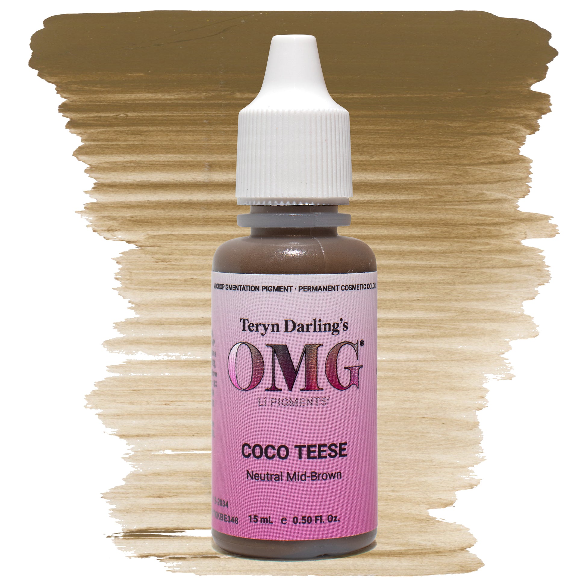 Bottle of OMG Pigments Coco Teese by Teryn Darling with a brown swatch background. Neutral mid-brown permanent makeup pigment ideal for natural brow results.
