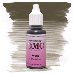 OMG Vixen PMU brow pigment in a deep rich black-brown shade, ideal for bold defined brows on Fitzpatrick 4–6 or for artists needing maximum depth and intensity.