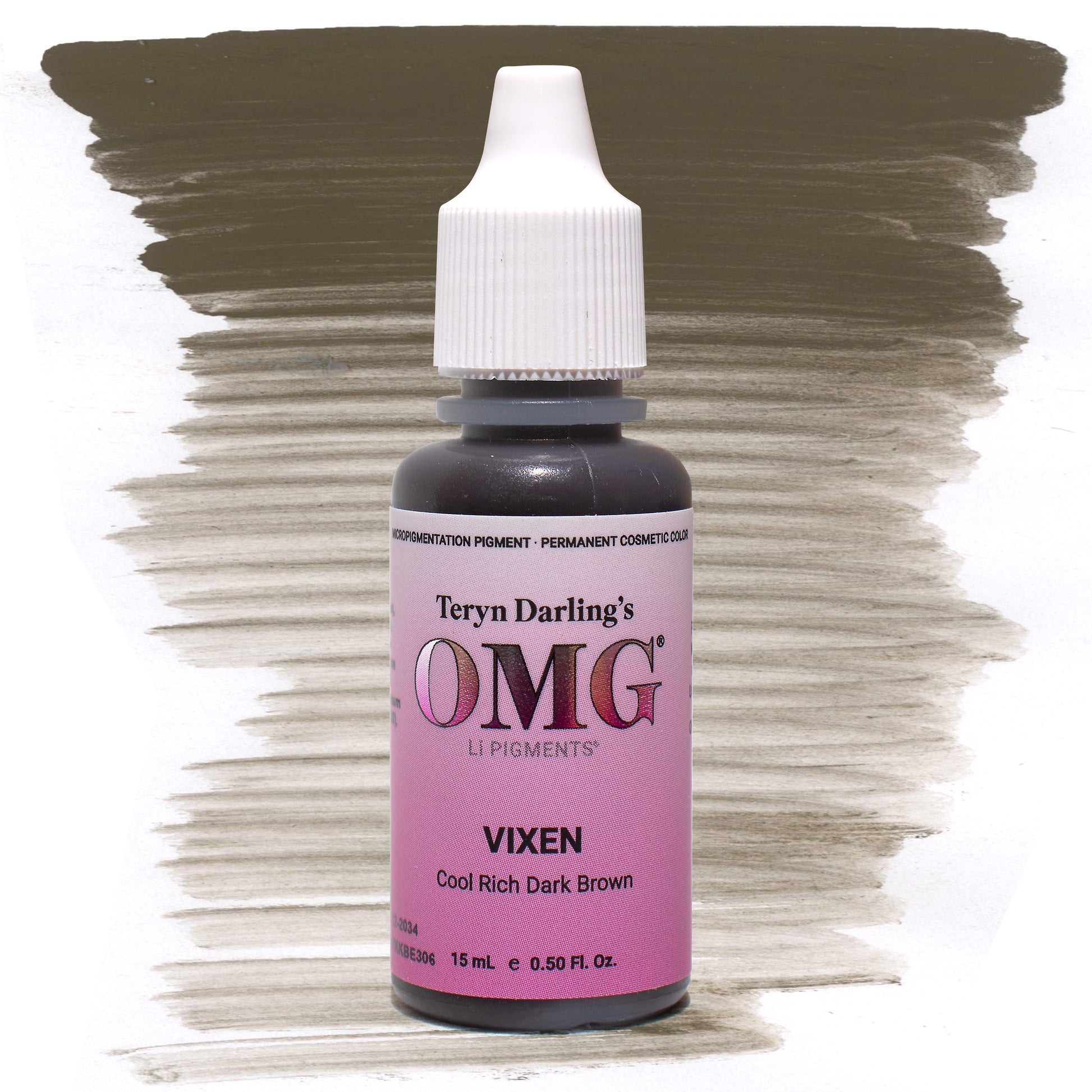 OMG Vixen PMU brow pigment in a deep rich black-brown shade, ideal for bold defined brows on Fitzpatrick 4–6 or for artists needing maximum depth and intensity.