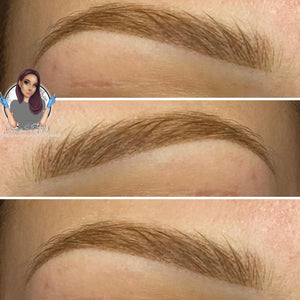 Healed eyebrow results using Gold Dust pigment from the Loaded line by Girlz Ink, applied by Paige Lloyd.
