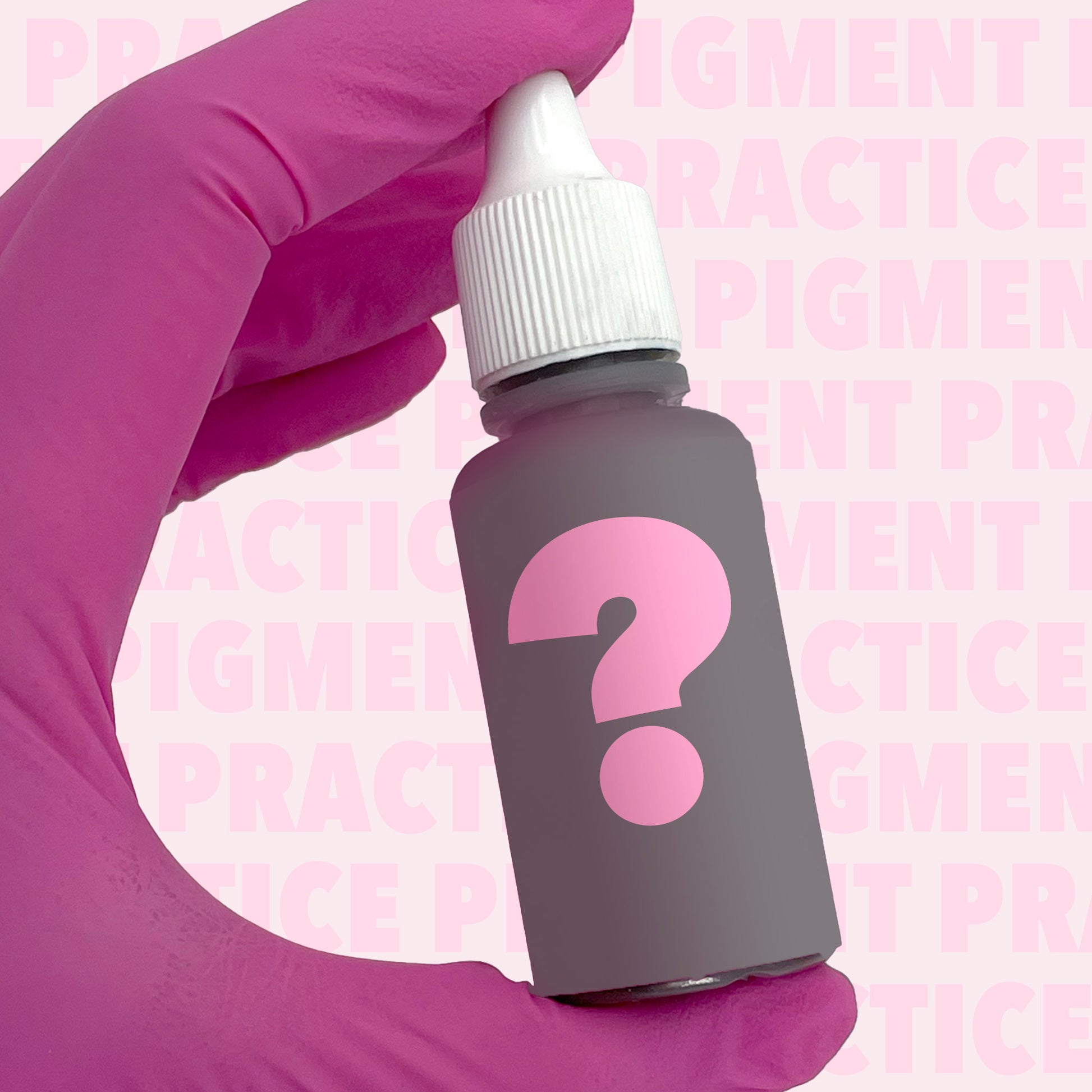 PMU practice pigment bottle held by a gloved hand against a pink background – Girlz Ink training pigment used for permanent makeup practice and education.