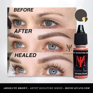Before, after, and healed eyebrow results using Monica Ivani Absolute Brown PMU pigment.