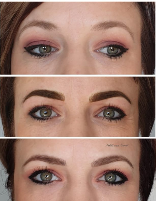 Before, after, and healed photos of PMU brows using Rich Brown pigment by Nikki van Gend.
