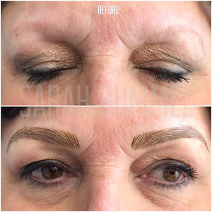Before and after microblading results using Rich Brown pigment by Sarah Hummel, ideal for sparse brows.